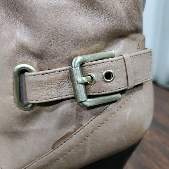 Guess MALLAY Tan Leather Side Zipper Mid-Calf Chunky High Heeled Boots Size 9M - Picture 11 of 16